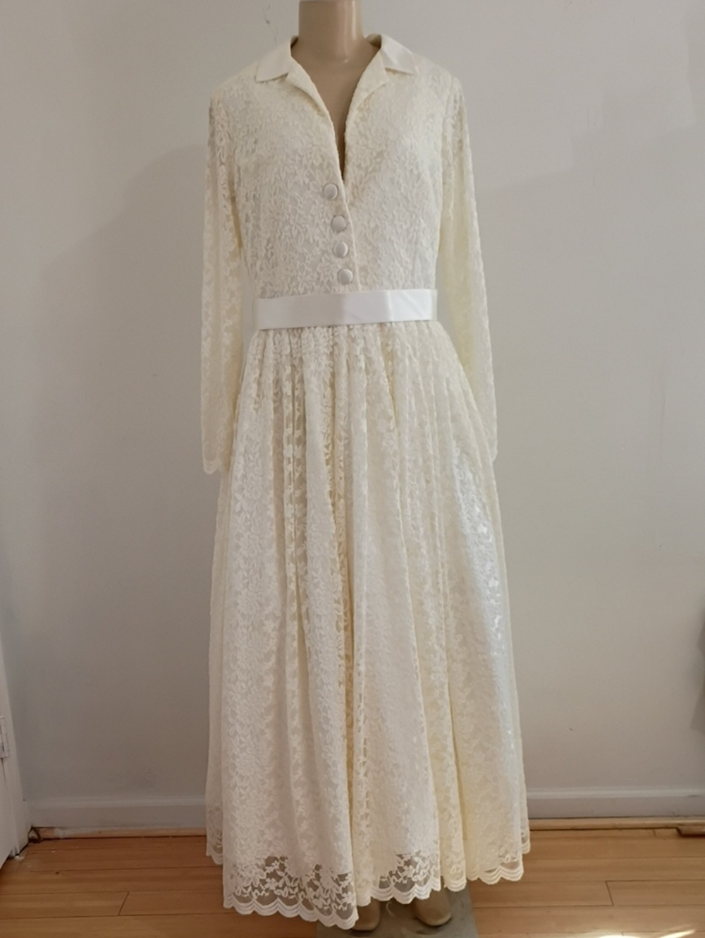 Ivory Long-Sleeve Lace Maxi Dress with Satin Waist